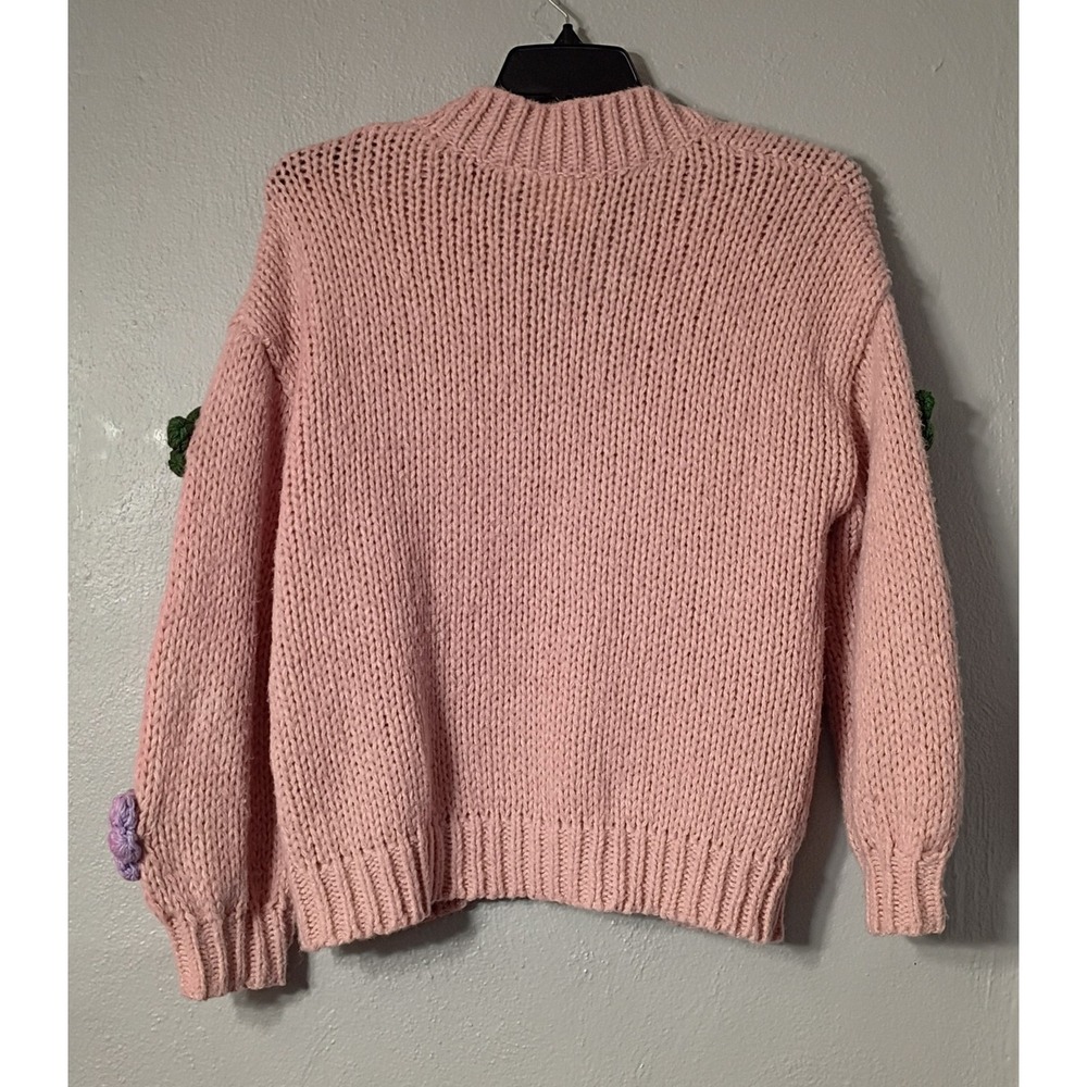 Maeve Anthropologie Chunky‎ 3D Flower Knit Cardigan O/S Pink Sweater Has Flaw - Picture 2 of 13